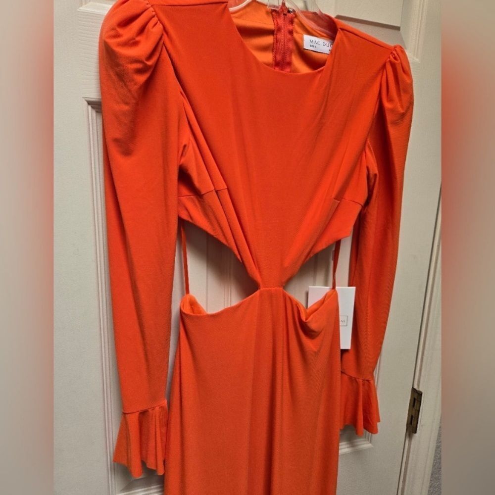 IEENA FOR MAC DUGGAL
Orange Long Sleeve Puff Shoulder Cut Out Gown - Picture 6 of 9